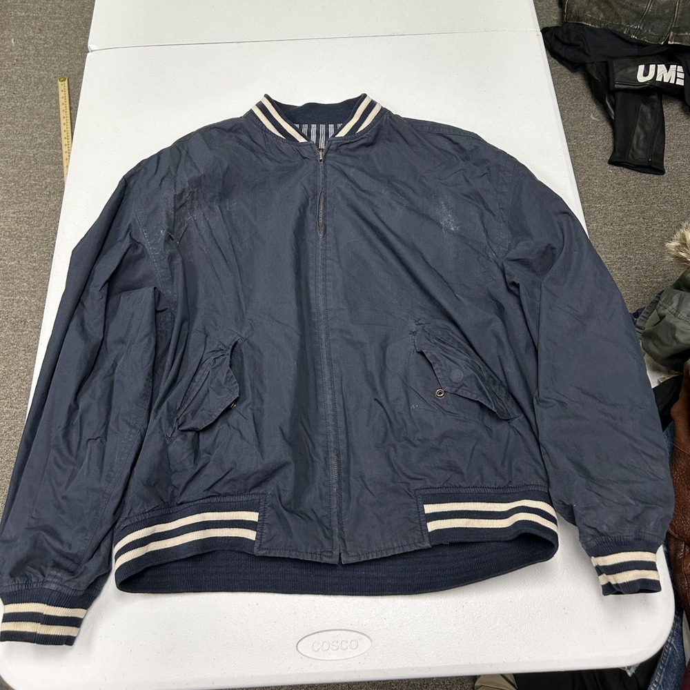 Claiborne Bomber Jacket Mens XL Navy Blue White Vertical Stripe Full Zip Ribbed